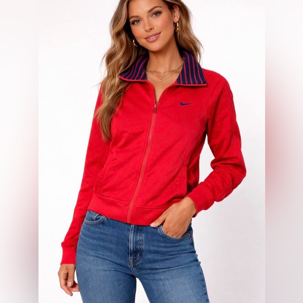 Nike Pink and Blue Bomber Jacket with Striped Collar